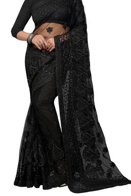 Black Embroidered Net Saree With Blouse 2