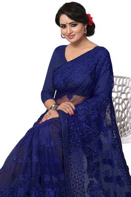 Blue Embroidered Net Saree With Blouse 4