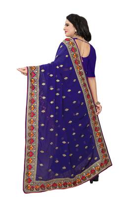 Navy Blue Embroidered Georgette Saree With Blouse 3