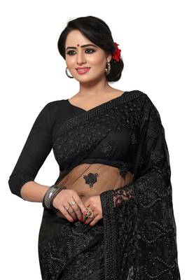 Black Embroidered Net Saree With Blouse 3
