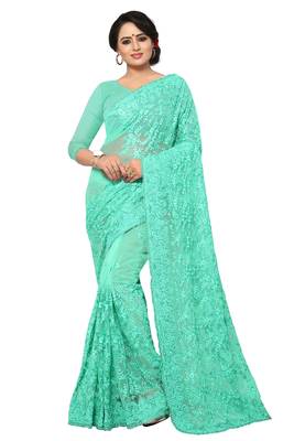 Sky Blue Embroidered Net Saree With Blouse 1