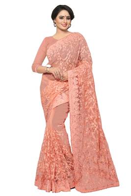 Peach Embroidered Net Saree With Blouse 1