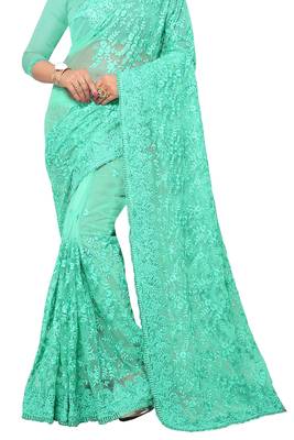 Sky Blue Embroidered Net Saree With Blouse 2