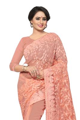 Peach Embroidered Net Saree With Blouse 2