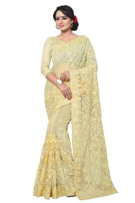 Beige Embroidered Net Saree With Blouse 1