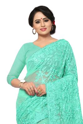 Sky Blue Embroidered Net Saree With Blouse 3