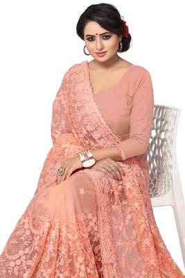 Peach Embroidered Net Saree With Blouse 3