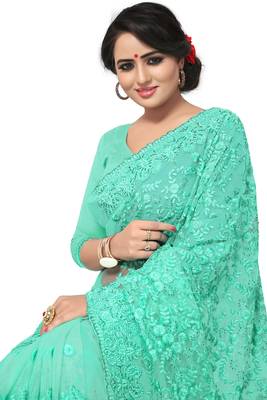 Sky Blue Embroidered Net Saree With Blouse 4