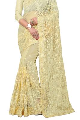 Beige Embroidered Net Saree With Blouse 2