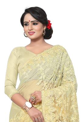Beige Embroidered Net Saree With Blouse 3