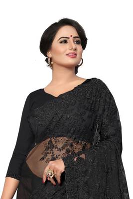 Black Embroidered Net Saree With Blouse 3