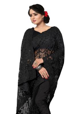 Black Embroidered Net Saree With Blouse 4
