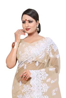 Beige Embroidered Net Saree With Blouse 3