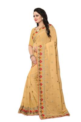 Beige Embroidered Georgette Saree With Blouse 2