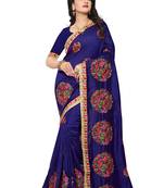 Navy Blue Embroidered Silk Saree With Blouse