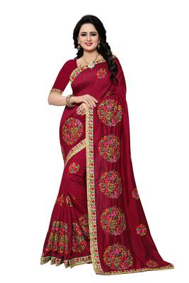 Maroon Embroidered Silk Saree With Blouse 1