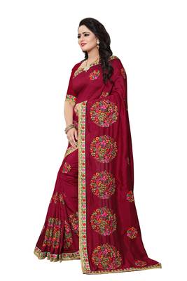 Maroon Embroidered Silk Saree With Blouse 2