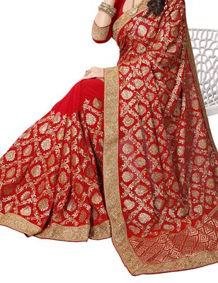 Red Embroidered Georgette Saree With Blouse 2