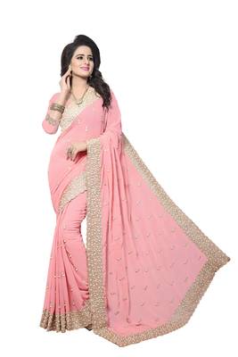 Peach Embroidered Georgette Saree With Blouse 1