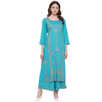 Turquoise printed rayon kurtas-and-kurtis 1