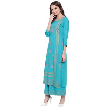 Turquoise printed rayon kurtas-and-kurtis 3