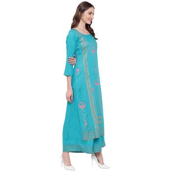 Turquoise printed rayon kurtas-and-kurtis 4