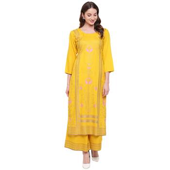 Yellow printed rayon kurtas-and-kurtis 1