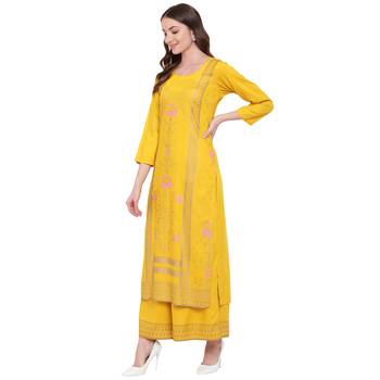 Yellow printed rayon kurtas-and-kurtis 3