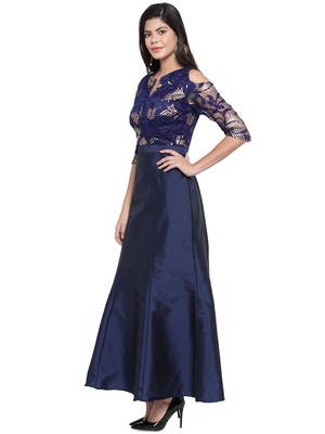 Navy blue embroidered silk blend maxi-dresses 1