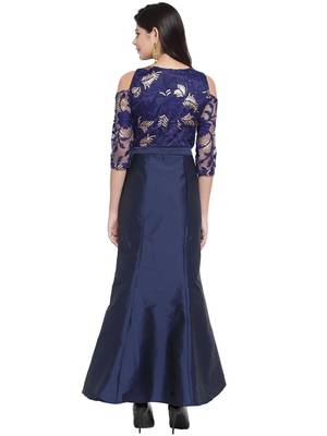 Navy blue embroidered silk blend maxi-dresses 2