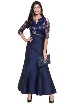 Navy blue embroidered silk blend maxi-dresses 4