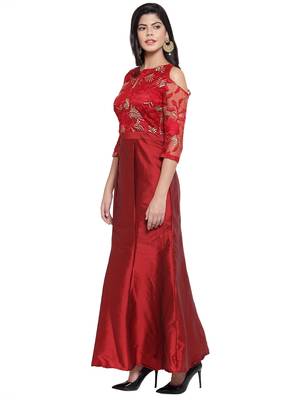 Maroon embroidered silk blend maxi-dresses 1