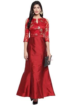 Maroon embroidered silk blend maxi-dresses 4