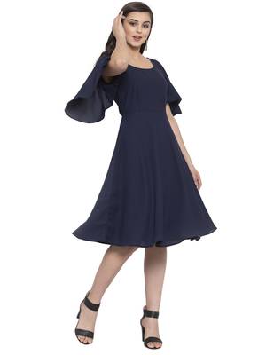 Navy blue plain crepe short-dresses 2