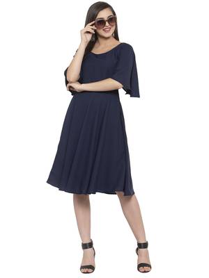 Navy blue plain crepe short-dresses 5