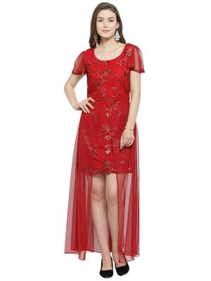 Maroon embroidered net maxi-dresses 1