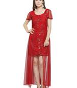 Maroon embroidered net maxi-dresses