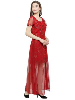 Maroon embroidered net maxi-dresses 2