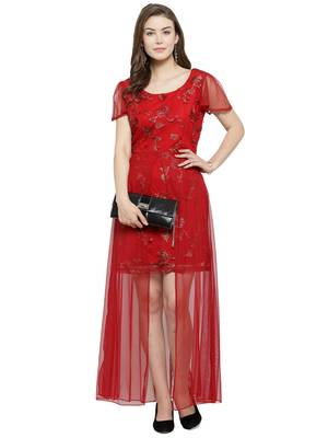Maroon embroidered net maxi-dresses 5