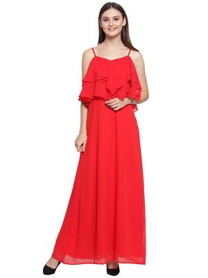Red plain georgette short-dresses 1