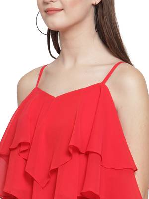 Red plain georgette short-dresses 4