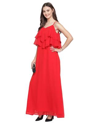 Red plain georgette short-dresses 5