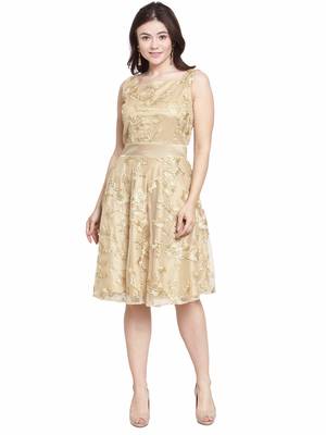 Beige plain net short-dresses 1