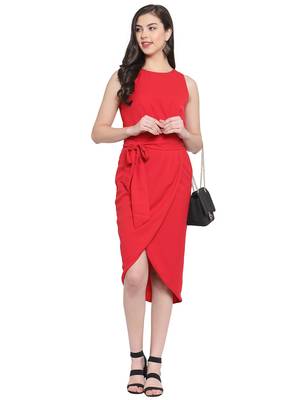 Red plain polyester short-dresses 5