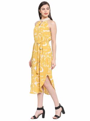 Yellow plain polyester short-dresses 3