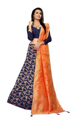Navy-blue woven jacquard semi stitched lehenga 1