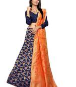 Navy-blue woven jacquard semi stitched lehenga