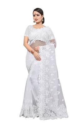 White Embroidered Net Saree With Blouse 1