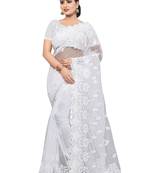 White Embroidered Net Saree With Blouse