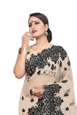Beige Embroidered Net Saree With Blouse 3
